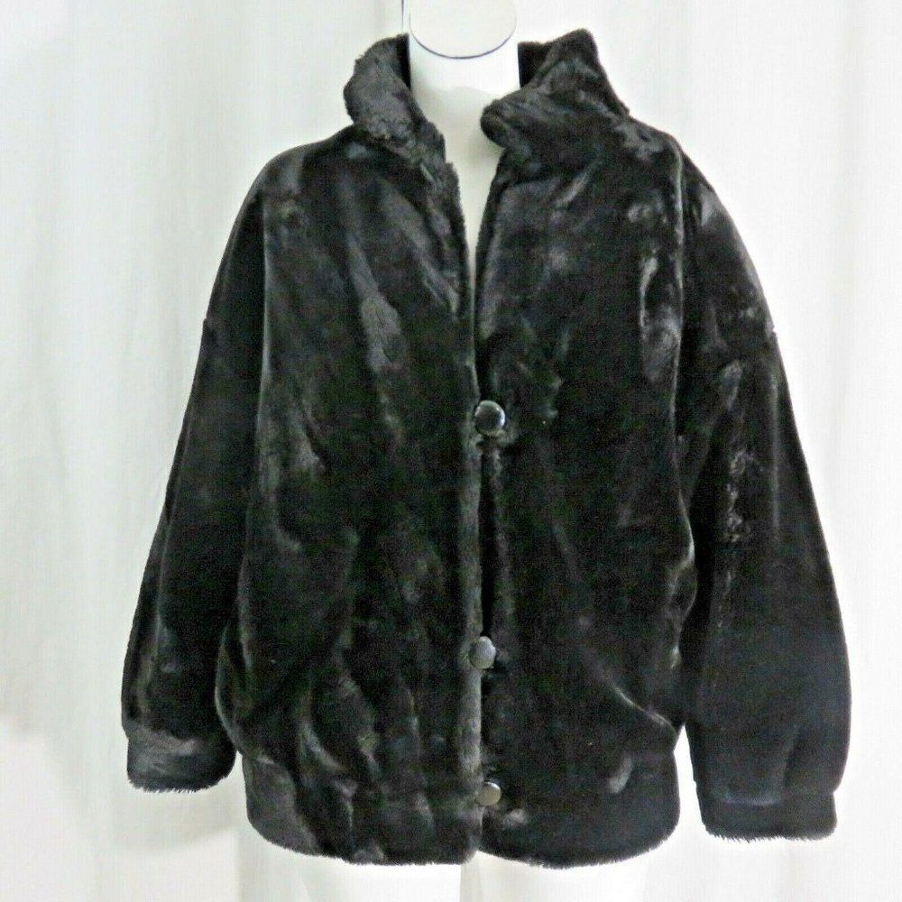 Vintage I Magnin Black Faux fur Fuzzy Jacket M Satin Lined